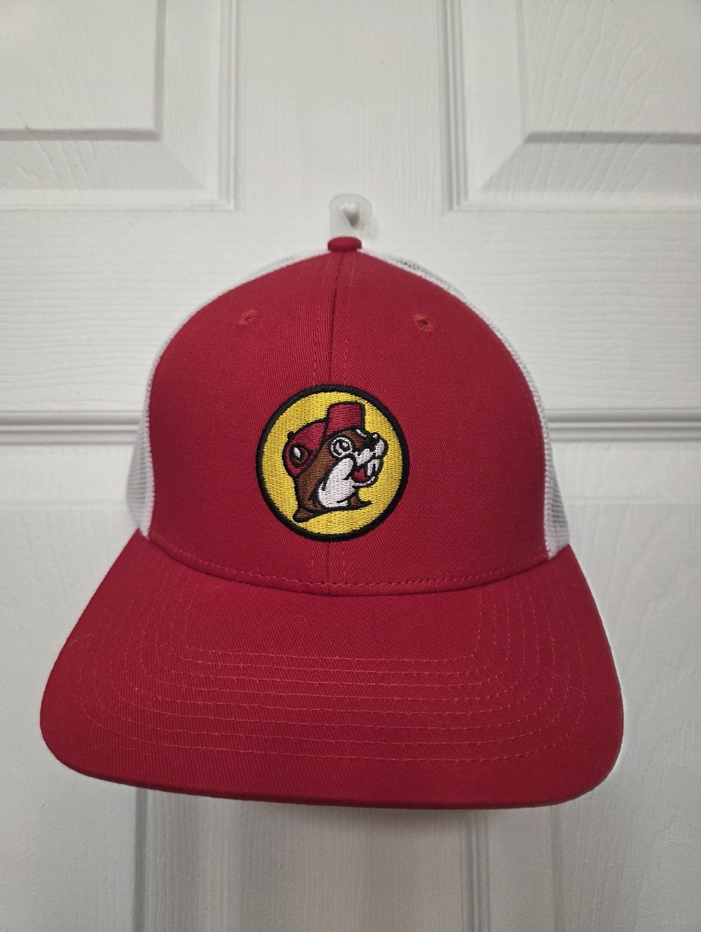 Bucee Red and White Trucker Hat with Embroidered  Mascot Cap Bu-cee